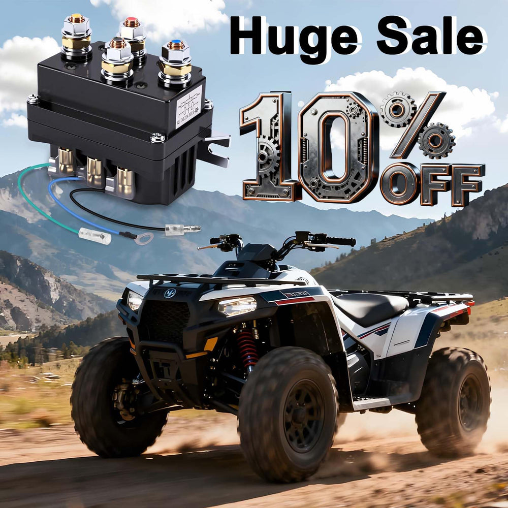 ovsor 12V 500A winch solenoid relay side view highlights rugged steel construction.