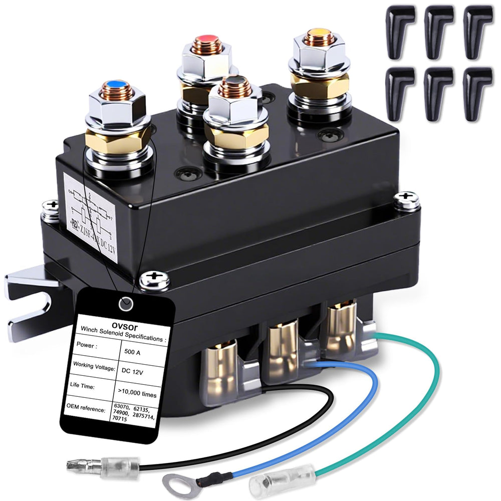 ovsor 12V 500A winch solenoid relay top view shows a compact direct replacement.