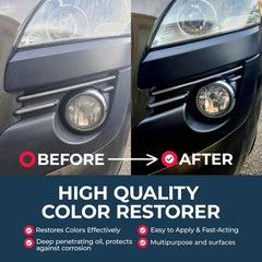 Close-up of chrome and plastic revival with Polytrol on car trim.