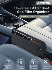 Owntow gap filler between seat and console demonstrates hidden storage use.