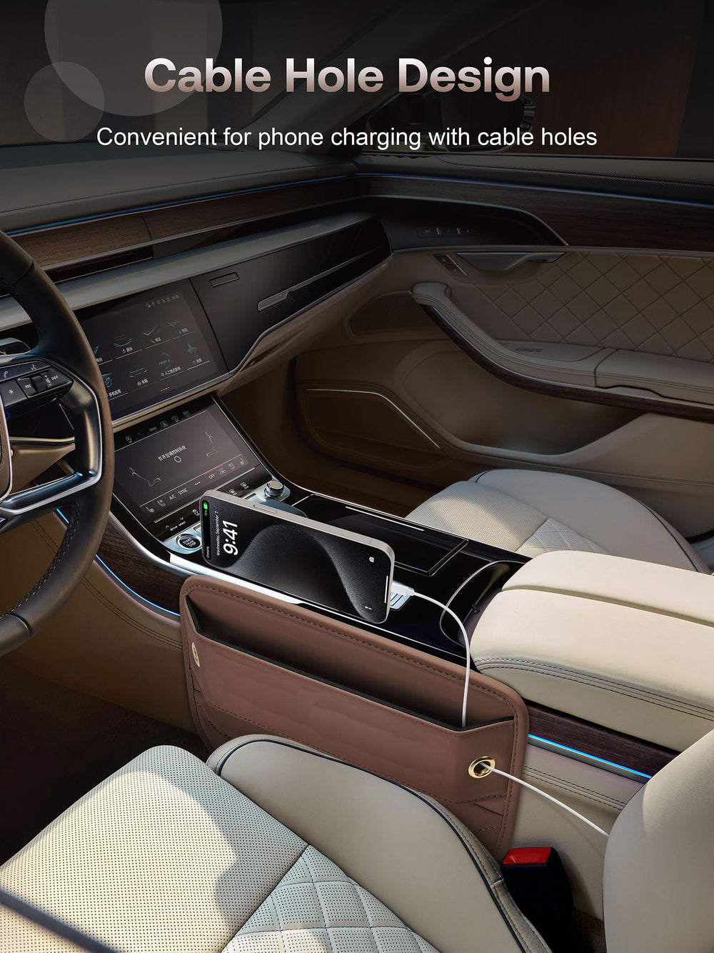 Gap between seat and console showing items neatly stored with Owntow.