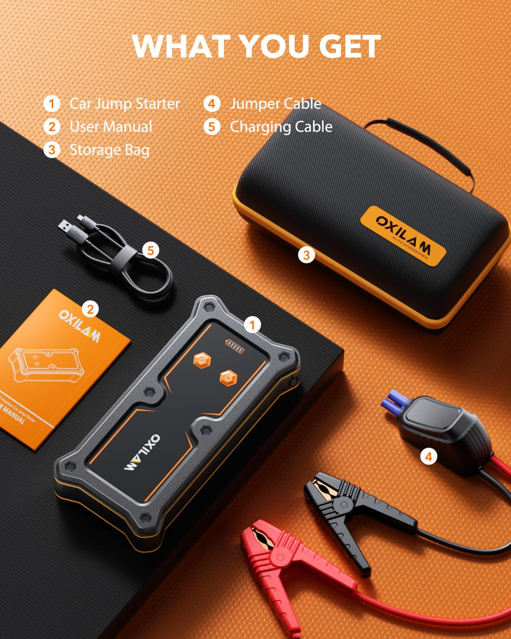 OXILAM 8000A jump starter package includes warranty and support options