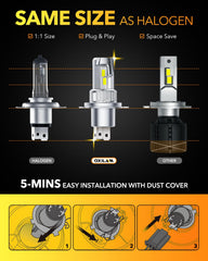 OXILAM H4 LED bulbs feature a 1:1 halogen footprint for plug-and-play fit.
