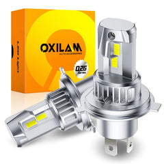 OXILAM H4 LED bulbs front view pack-2, ready for easy installation and brighter nighttime visibility.