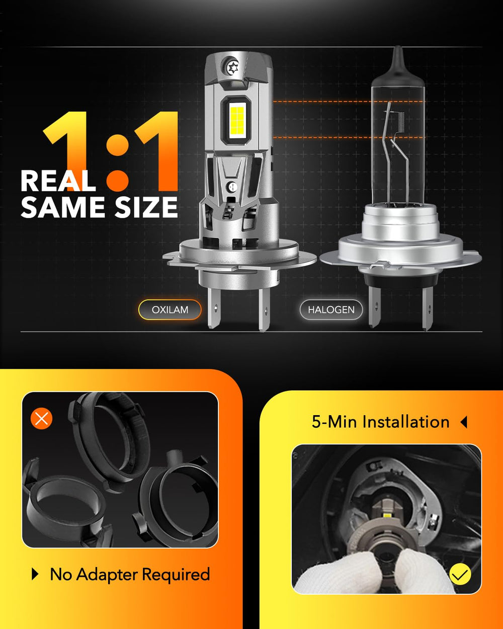 OXILAM H7 LED installation with no adapter for quick plug-and-play setup