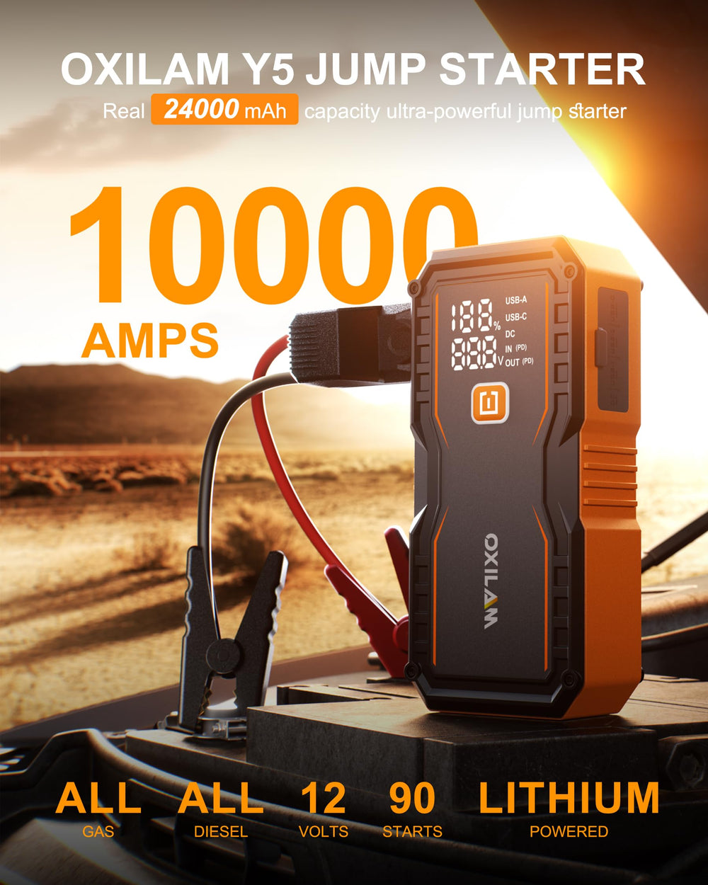 OXILAM jump starter LCD display shows live status during start.