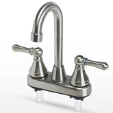 OYMOV RV faucet front view in brushed nickel, showcasing classic two-handle control.