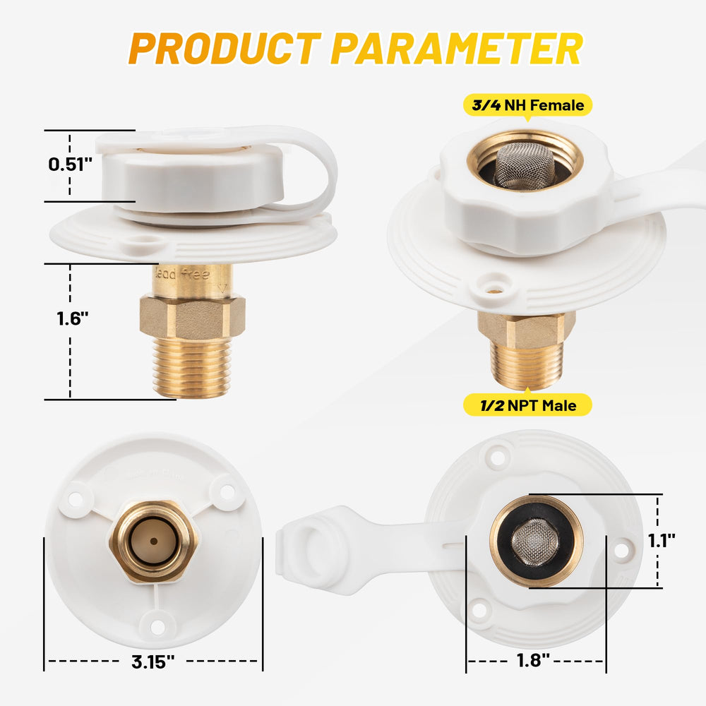 Oyviny RV city water inlet 1/2 NPT thread offers versatile connections.