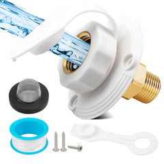 Oyviny RV city water inlet in white, ready for standard hose hookups.