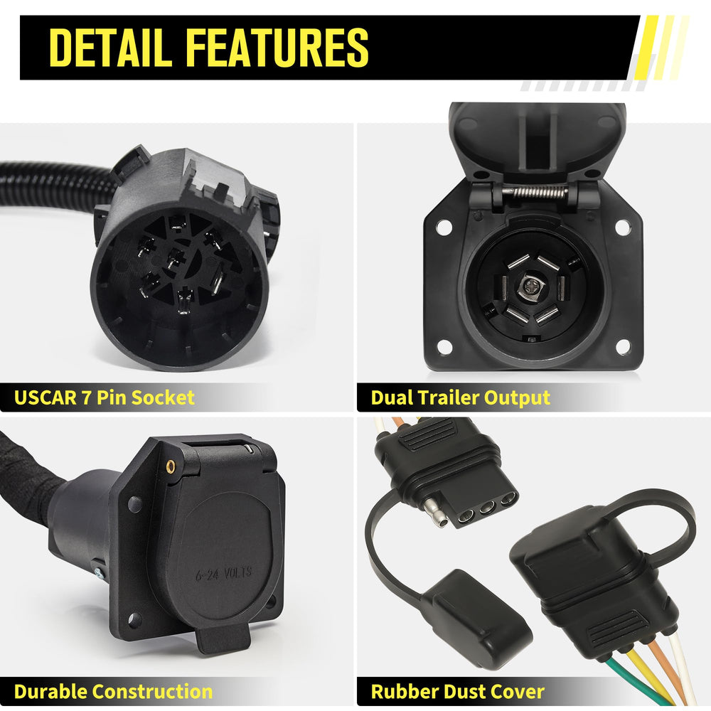 Oyviny USCAR 7-pin trailer connector plugs into factory socket on vehicle for easy install.