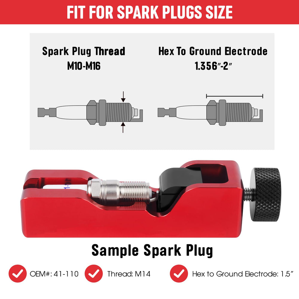 Ozikutech spark plug compatibility chart showing 10–16 mm range.