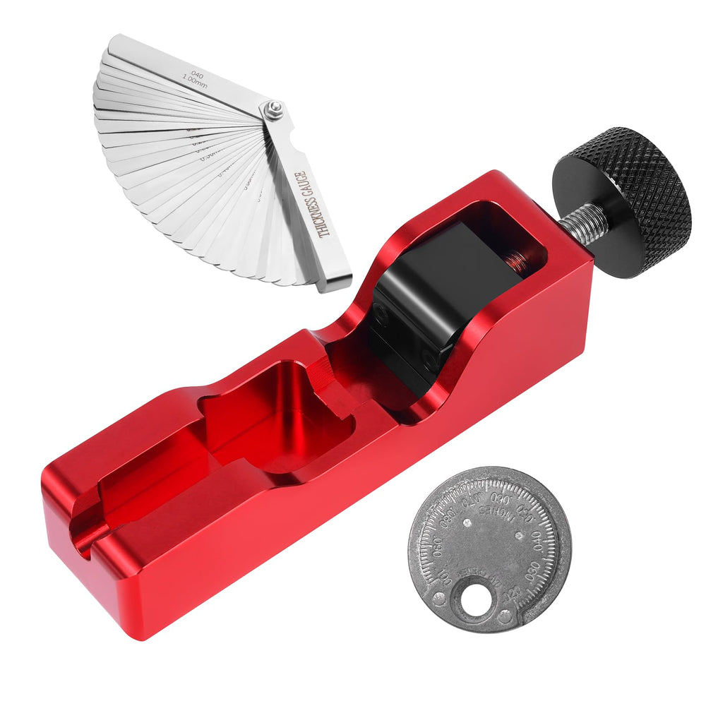 Ozikutech spark plug gap tool in red for quick, precise gap adjustments.