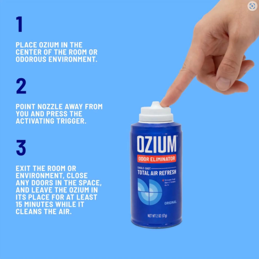 Ozium bottle and cap close-up highlights handy 2 oz size