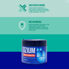 Ozium gel with adjustable lid shows customizable fragrance levels for rooms.