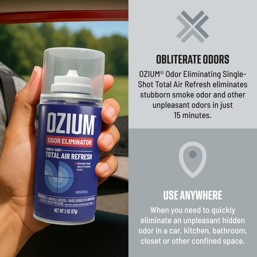 Ozium instant-refresh car odor control for quick scent reset during daily commutes.