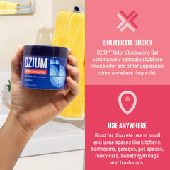 Ozium Gel near gym bag demonstrates discreet fragrance control.