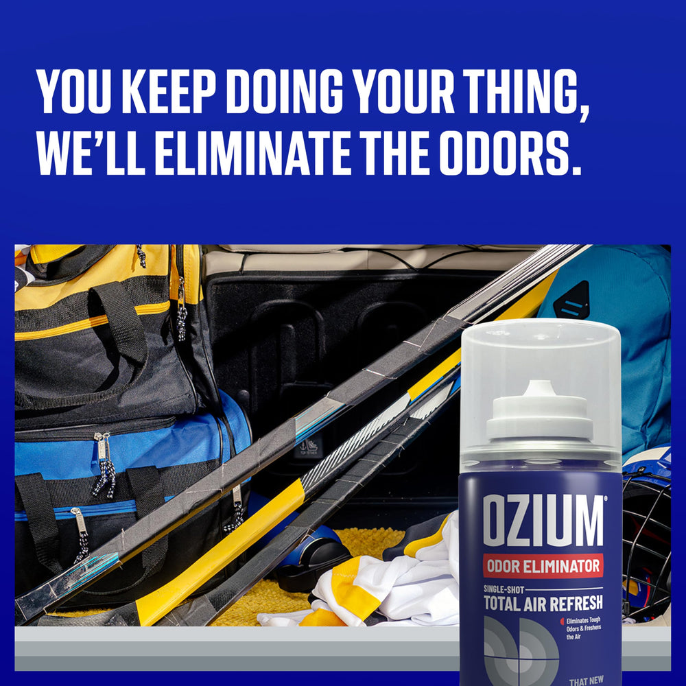 Ozium odor eliminator car air freshener neutralizes persistent smells for a cleaner ride.