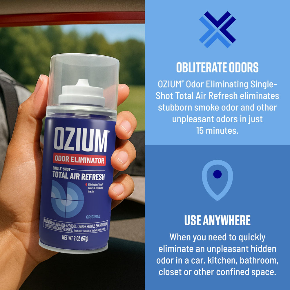 Ozium Original car interior refresh highlights a clean, odor-free cabin environment.