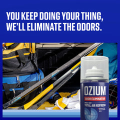 Ozium Original spray action demonstrates quick odor removal for car interiors.