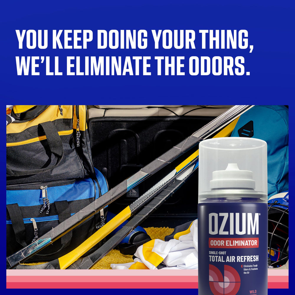 Ozium Wild Cherry 2oz bottle shown from the side for portable freshness
