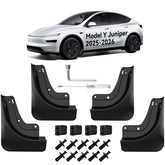 OZPYKAE Juniper mud flaps on Tesla Model Y protect paint and reduce spray on wet roads.