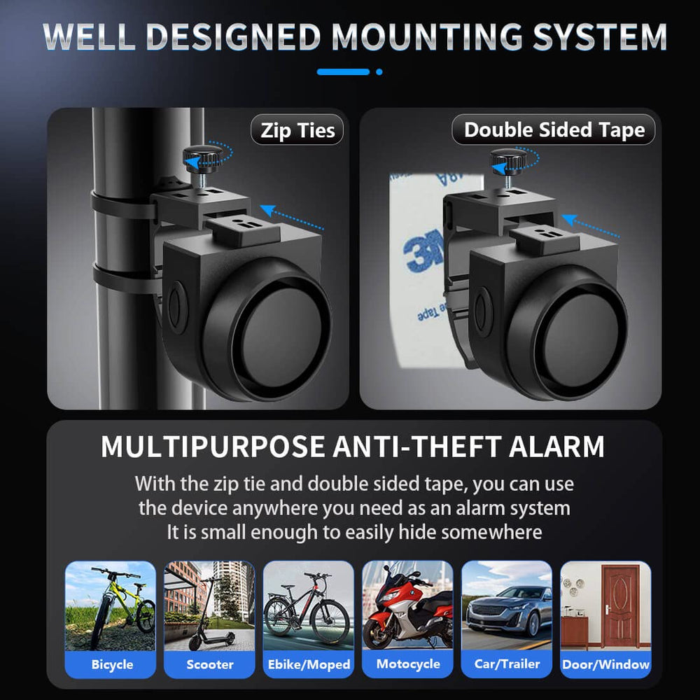 PADONOW IPX5 waterproof alarm suitable for bicycles, scooters, cars and more.