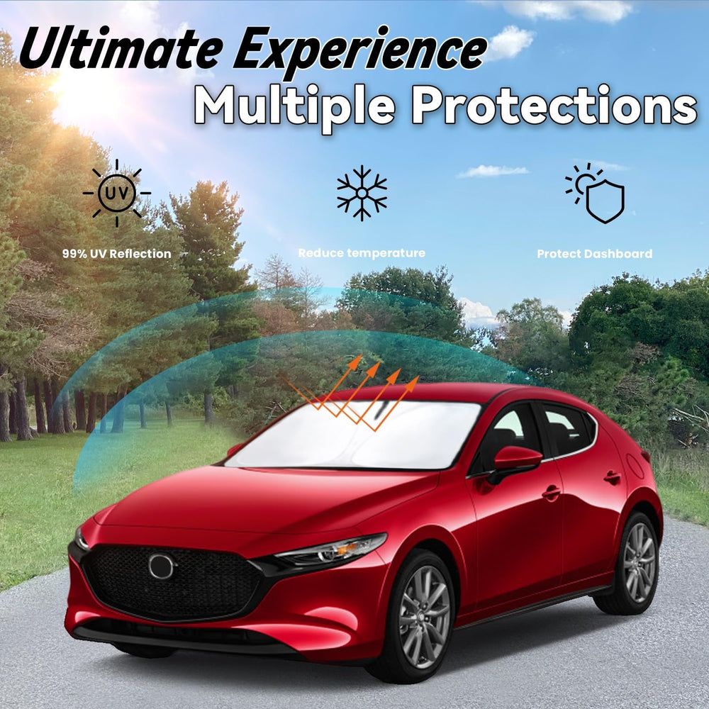 Double-layer PAIMOHO sun shade protects dashboard and seats in Mazda3.