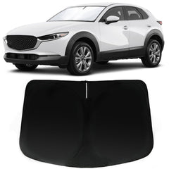 PAIMOHO windshield sun shade on Mazda CX-30 front window blocks UV rays and glare.