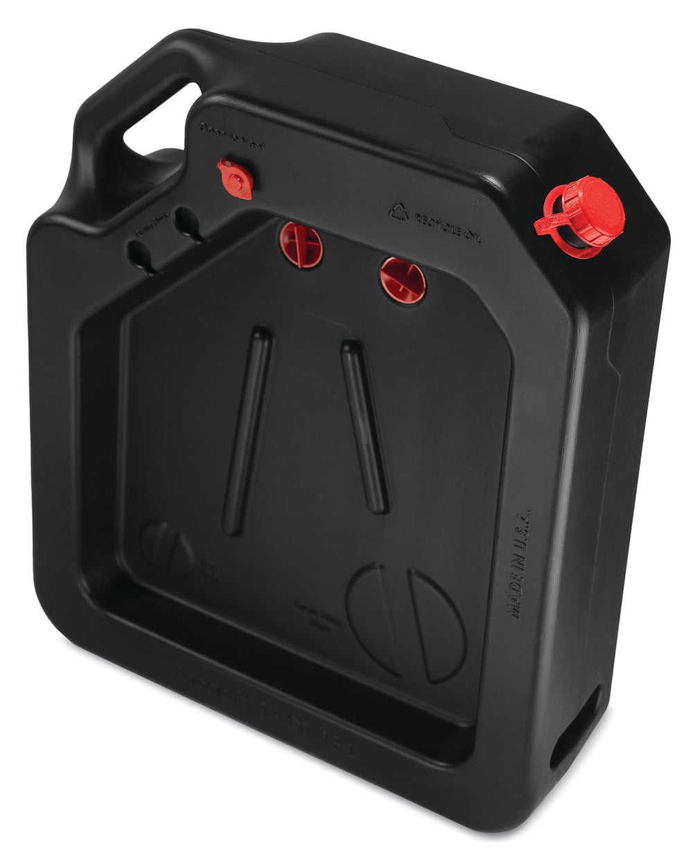 PAK Premium oil drain pan showing tethered cap to prevent leaks.
