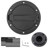Parfyter fuel filler door cap black front view, enhances Wrangler styling