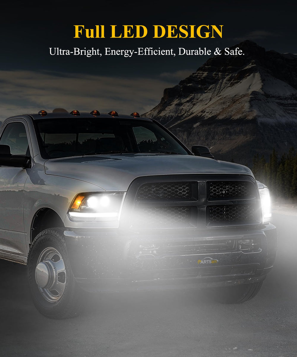 Partsam Ram LED headlights feature dual projector beams for focused illumination.