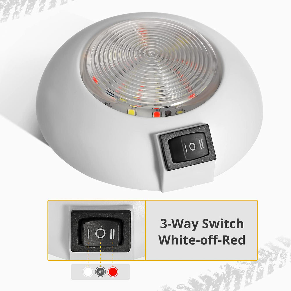 Partsam LED dome light shows 3-way switch White, Off, Red for flexible lighting.