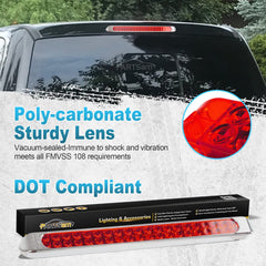 Partsam 17-inch red LED light bar with chrome bezel provides bright brake signaling.