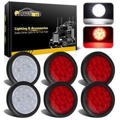 Partsam 4-inch red LED trailer light showing bright stop and turn signals for vehicles.