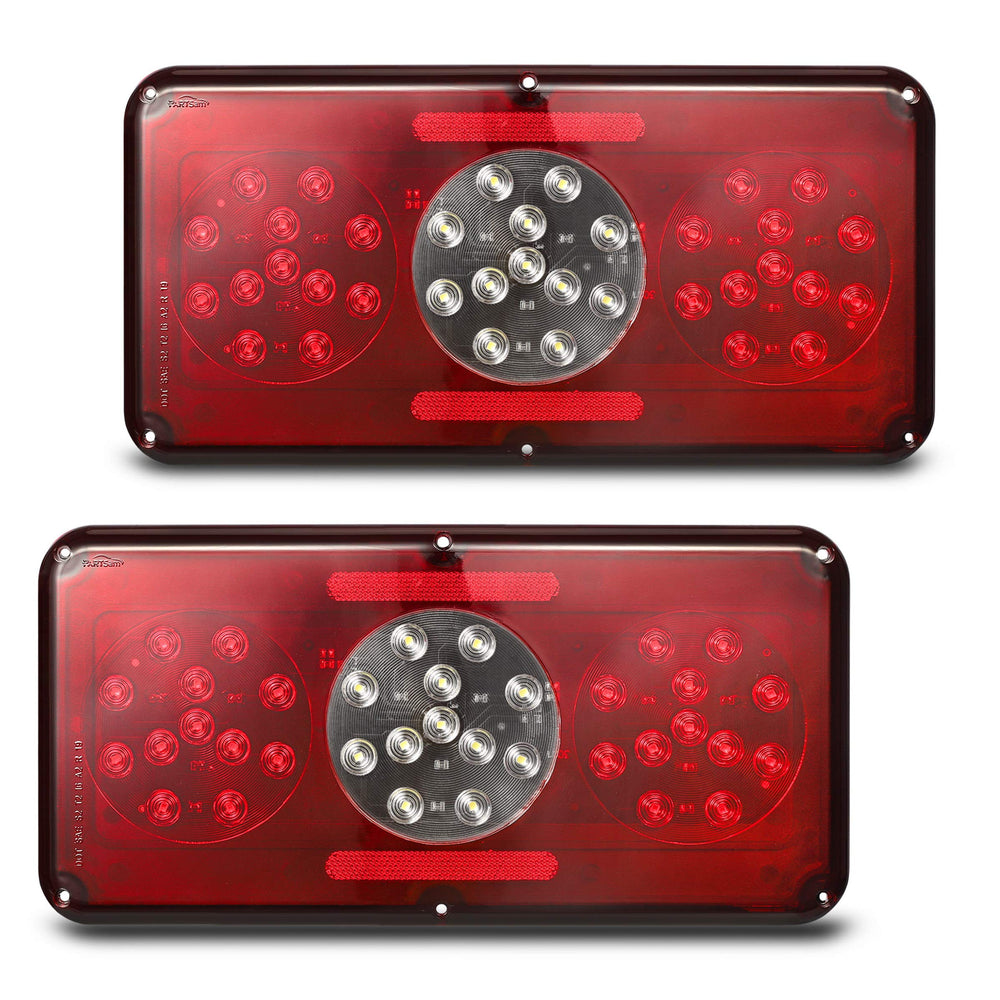 Partsam rectangle LED trailer light front view with bright red signal and white center LEDs.