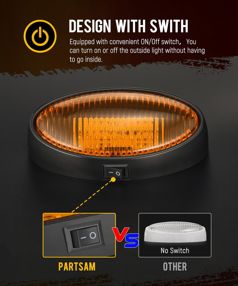 Partsam RV porch light amber lens demonstrates warm signaling for night setups.