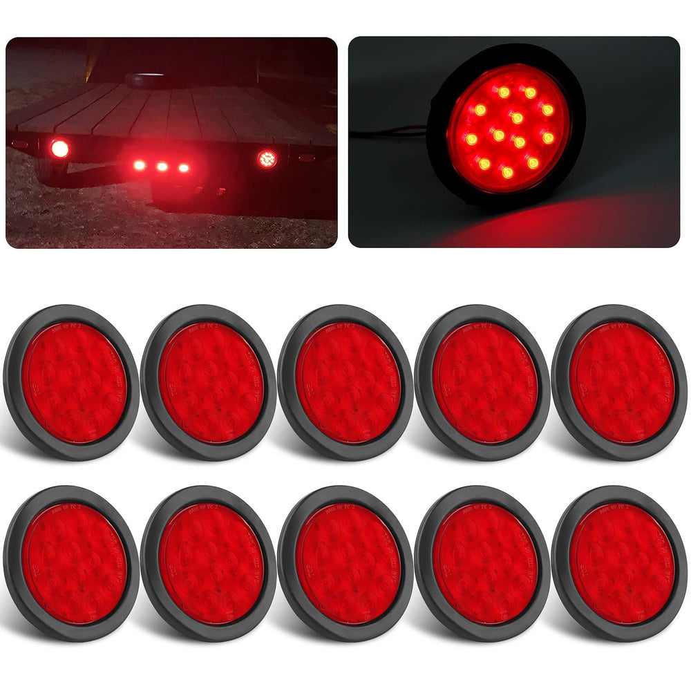 Partswcgg 4in round LED tail light, red front view, enhances trailer signaling and visibility on the road.