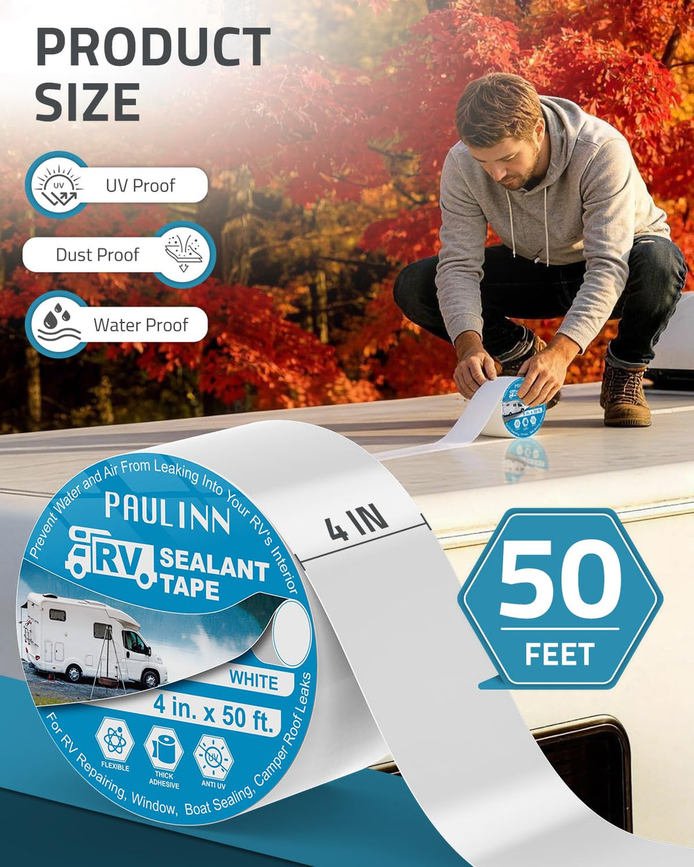 PAULINN roof tape in white being applied to an RV roof for a seamless seal.