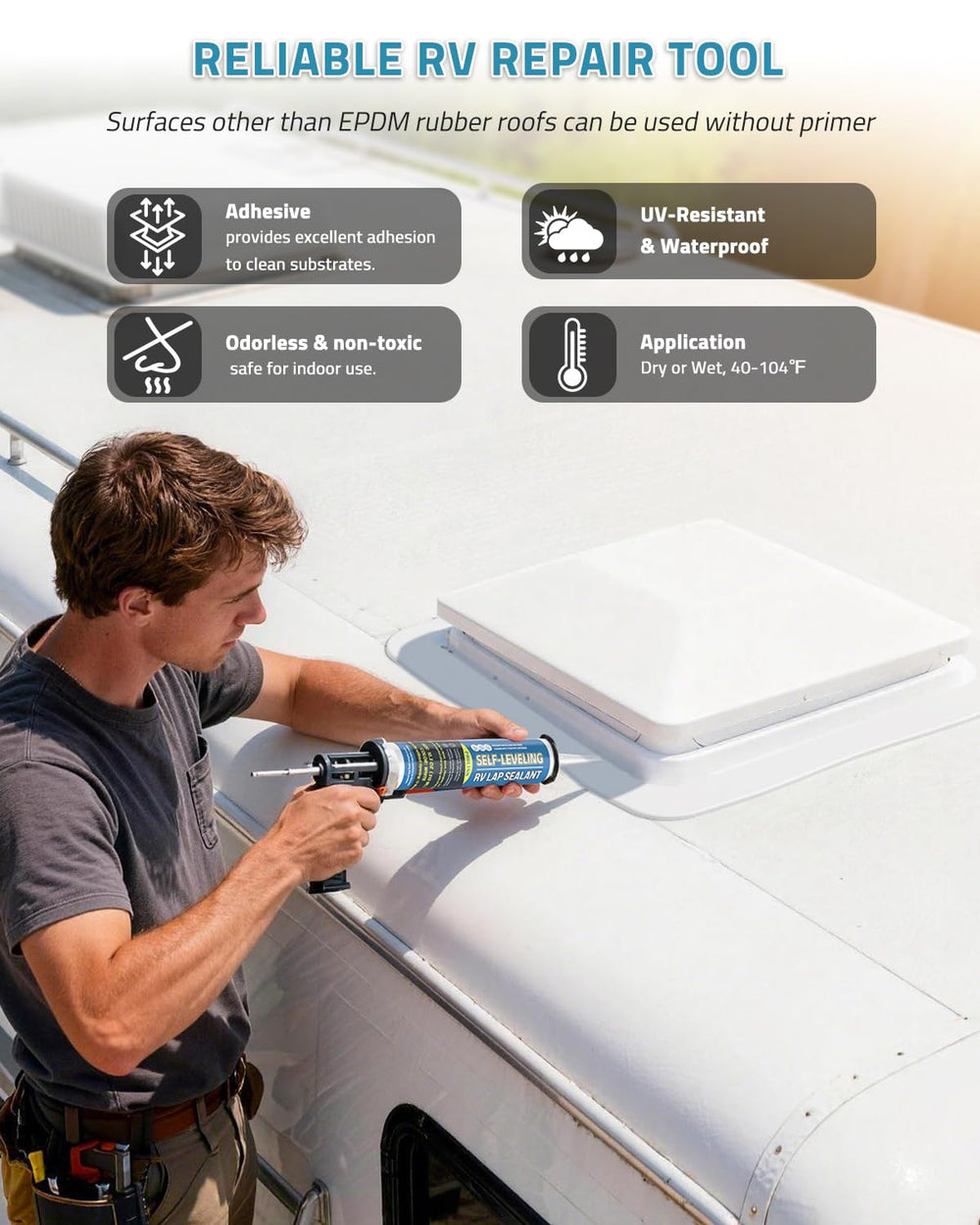 PAULINN RV caulk application on roof shows seamless joints.