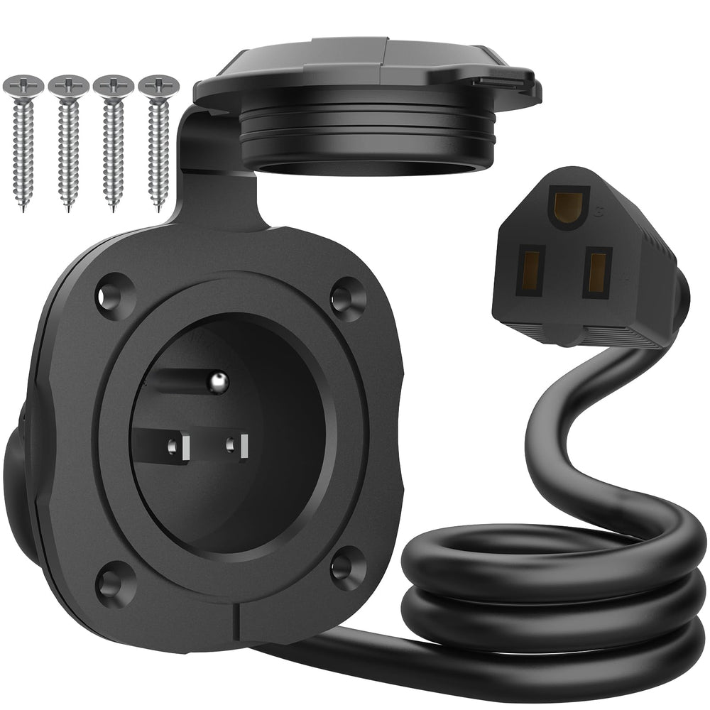 PAULINN shore power inlet closeup showing 15-amp design for reliable outdoor use.