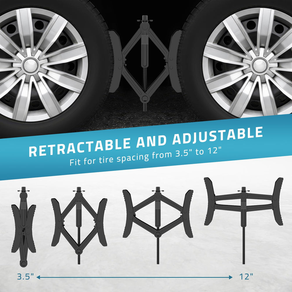 PAULINN two-pack X-chocks securing RV trailers on uneven terrain.