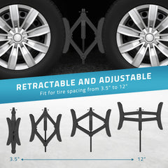 PAULINN two-pack X-chocks securing RV trailers on uneven terrain.