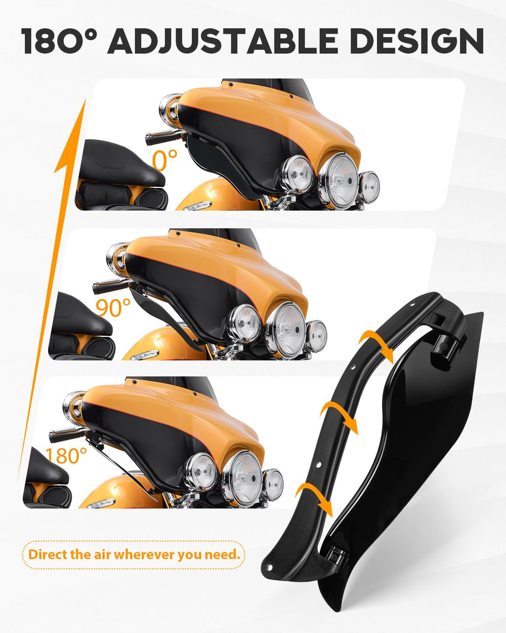 PBYMT adjustable side wings with friction pivot directing airflow for personalized riding comfort.