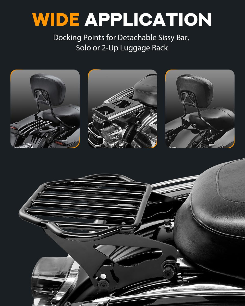 PBYMT detachable sissy bar-ready rack supports solo or two-up travel.