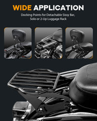 PBYMT detachable sissy bar-ready rack supports solo or two-up travel.