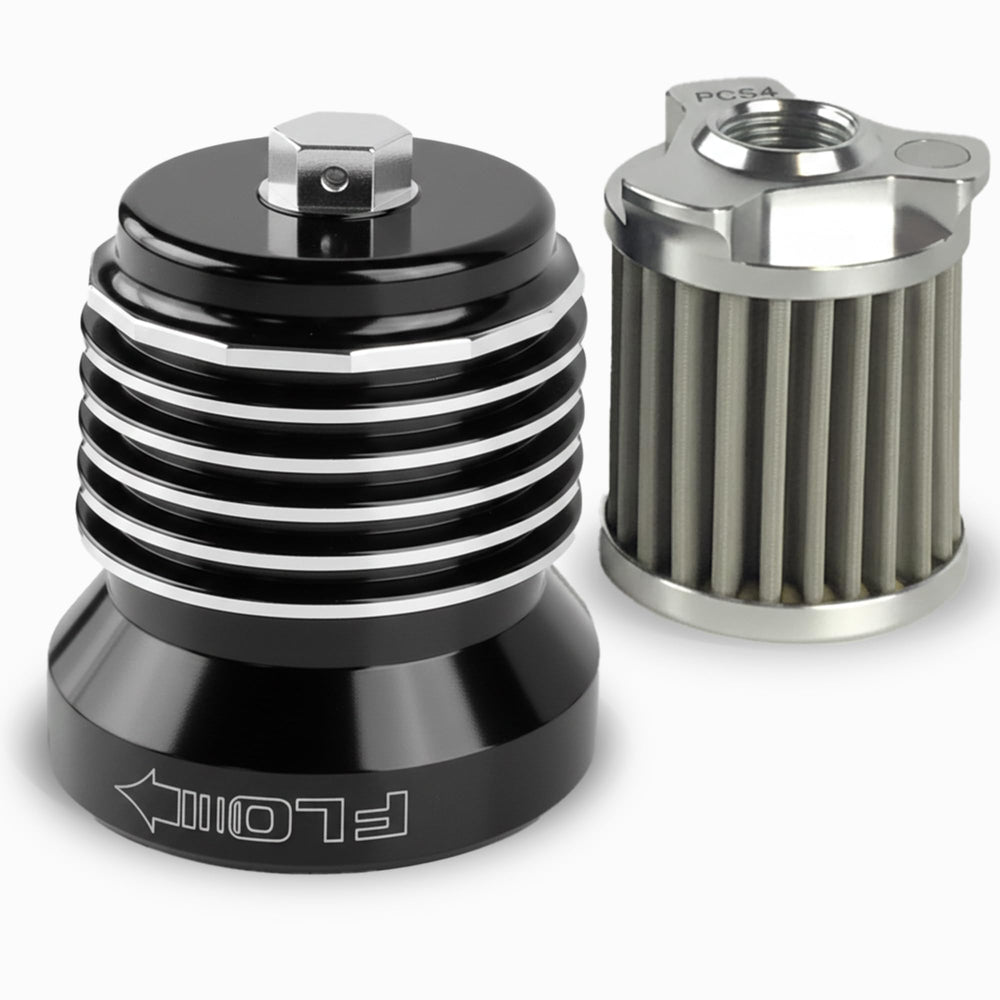 PC Racing FLO filter with black housing for Harley engines; durable and reusable.