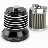 PC Racing FLO filter with black housing for Harley engines; durable and reusable.