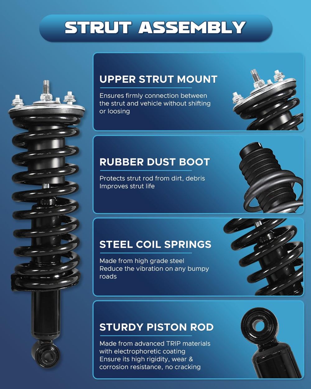 Peforway front-right strut assembly improves steering response and balance.