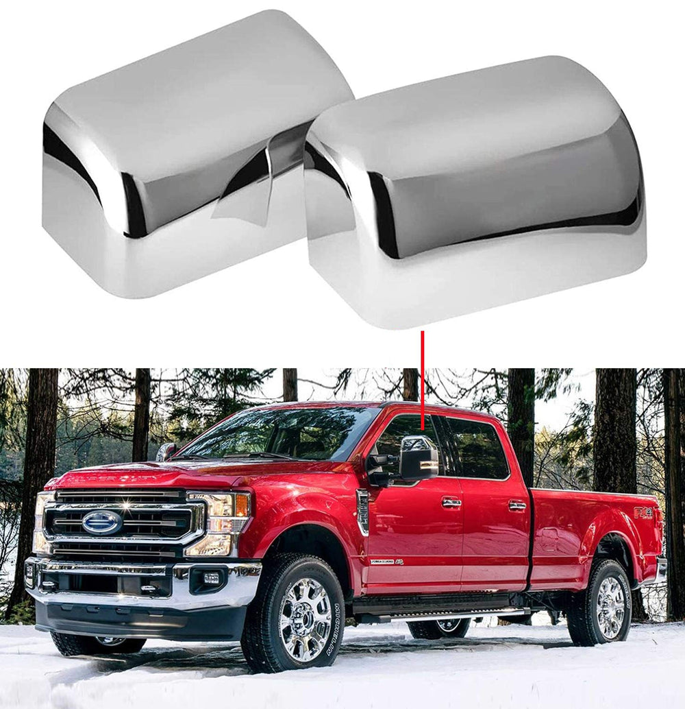 PerfecTech Super Duty chrome mirror covers front view add rugged style and weather protection.