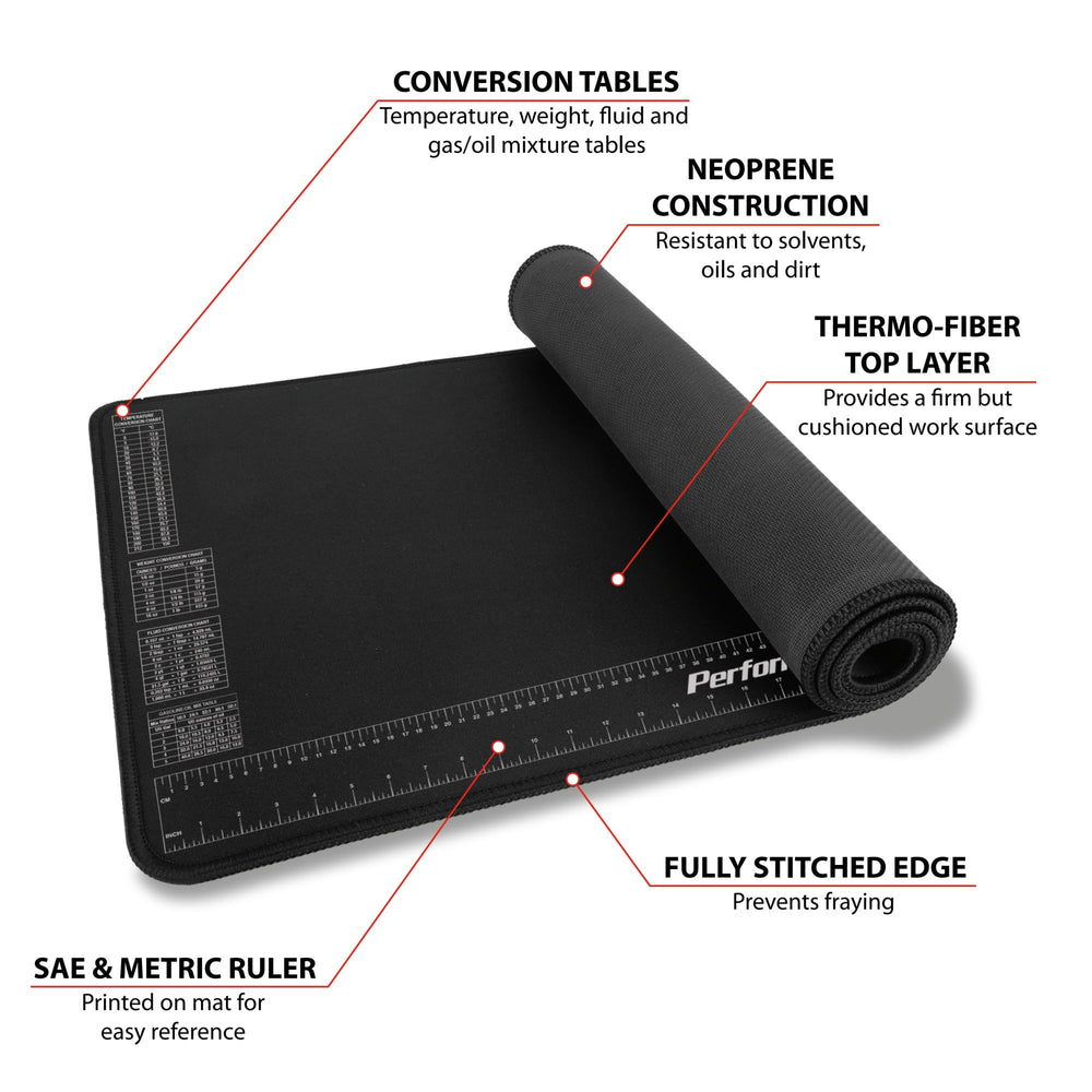 Close-up of edge stitching on Performance Tool neoprene mat showing durability